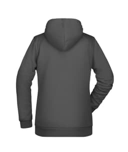A grey ladies hoodie featuring a full hood and long sleeves, with a logo on the back.