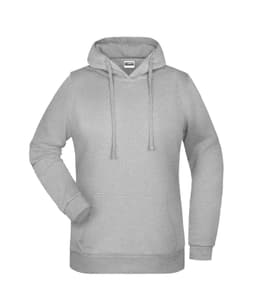 A grey ladies' hoodie with a front pocket and drawstrings, featuring a logo on the chest area.