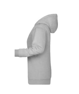 A grey ladies hoodie featuring a classic design and a logo on the front.