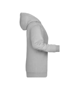 A grey ladies' hoodie with a front pocket and a hood, featuring a logo on the front side.
