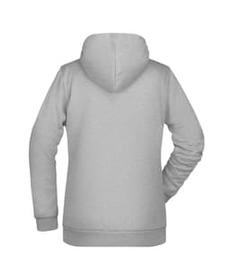 A grey ladies hoodie with a hood, featuring long sleeves and a relaxed fit. Includes a logo branding.