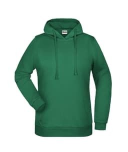 A green ladies' hoodie with a front pocket and a hood, featuring a logo on the chest.
