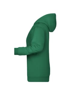 A green Ladies Promo Hoodie with a kangaroo pocket and a hood, featuring a logo on the front.