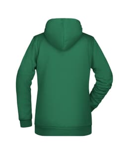 A green ladies' hoodie featuring a back view with a hood and long sleeves, including a logo.