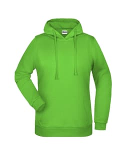 A green ladies hoodie with a front pocket and a drawstring hood. It features a logo on the chest area.