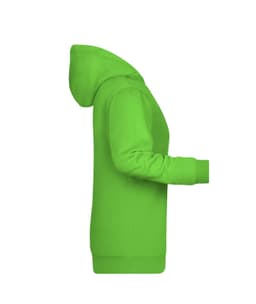 A vibrant green ladies’ hoodie with a kangaroo pocket, featuring a hood and ribbed cuffs. It has a logo.