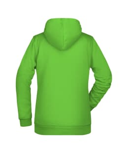 A bright green hoodie with a hood and long sleeves, featuring a logo on the back.
