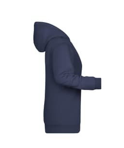 A navy blue ladies hoodie featuring a hood and long sleeves, with a fitted design and a logo.