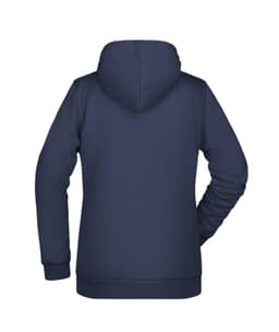 A navy blue ladies' hoodie with a kangaroo pocket and a hood, featuring a solid design and a logo.