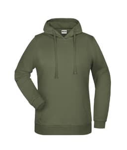 An olive green ladies hoodie featuring a front pocket and drawstring hood, with a logo branding.