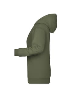 A green ladies' hoodie with a side view, featuring a hood and long sleeves. It has a branding logo.