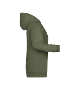 A green ladies hoodie featuring a hood and long sleeves, with a branding logo on the front.