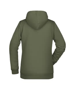 A green ladies' hoodie featuring a hood and long sleeves, with a smooth back design and a logo.
