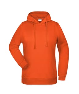 An orange hoodie featuring a kangaroo pocket and a drawstring hood, with a logo on the front.
