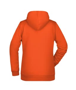 An orange hoodie with a hood and long sleeves, featuring a plain back and a fitted design.