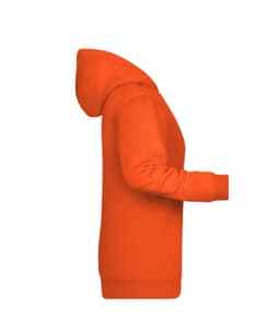 An orange ladies hoodie featuring a kangaroo pocket and a hood, with a logo on one side.