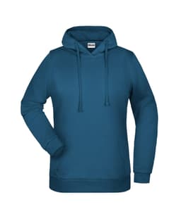 A ladies' teal hoodie featuring a front pocket and a drawstring hood, with a logo on the front.