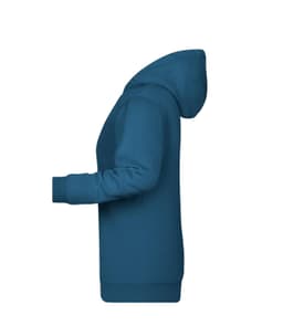 A side view of a teal Ladies Promo Hoodie featuring a hood and ribbed cuffs. The hoodie has a logo.