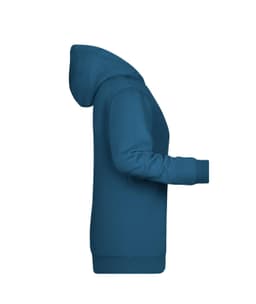 A teal ladies' hoodie features a kangaroo pocket and a hood, with long sleeves and ribbed cuffs. It includes a logo.