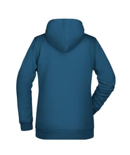 A teal ladies hoodie with a hood and long sleeves, featuring a simple design on the back.