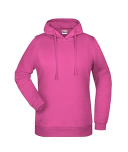 A pink ladies hoodie with a front pocket and drawstring hood. Includes a logo on the chest area.