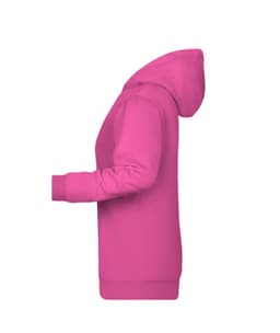 A pink ladies hoodie with a hood and front kangaroo pocket, featuring a logo on the front.