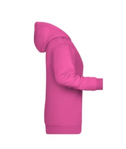 A pink ladies hoodie featuring a front pocket and a hood, with a logo on the chest.