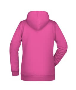A pink ladies hoodie featuring a hood and long sleeves, with a simple design and a logo at the back.