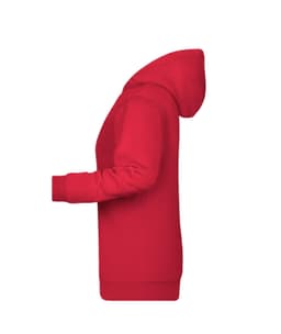 A red ladies hoodie featuring a kangaroo pocket and a hood, with a logo on the front.
