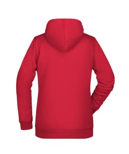 A red ladies hoodie with a hood and long sleeves, featuring a smooth back design and a fitted shape.