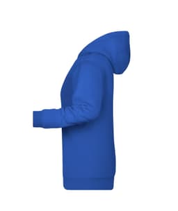 A blue ladies hoodie features a hood and long sleeves, showcasing a side profile view. It has a logo on it.