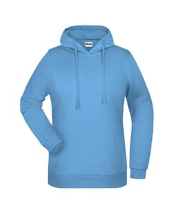 A blue ladies' hoodie with a front pouch pocket and a drawstring hood, featuring a logo.