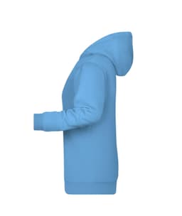 A light blue ladies hoodie with a kangaroo pocket and a hood, featuring a logo on the front.