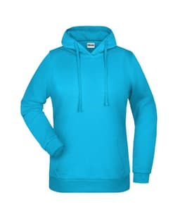 A turquoise hoodie with a front pocket and drawstring hood, featuring a branding logo.