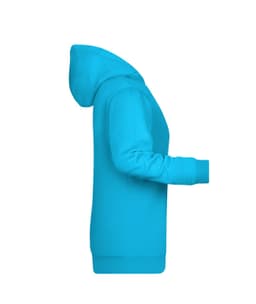 A turquoise ladies hoodie featuring a side view, with a hood and long sleeves. It has a logo on the front.