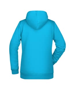 A turquoise ladies' hoodie featuring a front pocket and a hood, showcasing a simple design.