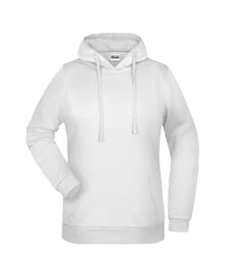 A white hoodie featuring a front pocket and drawstring hood. The hoodie has a branded label.