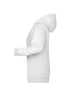 A ladies' hoodie in white, featuring a standard hoodie design with long sleeves and a front pocket. It has a logo.