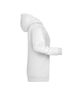 A white ladies hoodie with a kangaroo pocket and a hood, featuring long sleeves and ribbed cuffs.