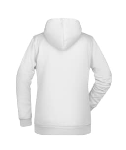 A white ladies' hoodie with a hood and long sleeves, featuring a logo on the back.