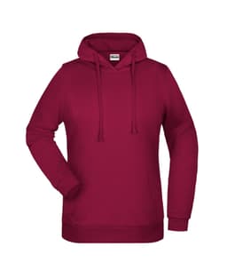 A maroon ladies hoodie featuring a front pocket and a drawstring hood, with a logo displayed on the chest.