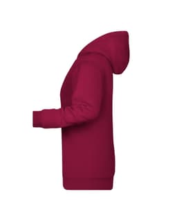 A maroon ladies' hoodie with a front pocket and a hood, featuring a logo on the front.