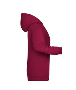 A maroon ladies hoodie featuring a hood, long sleeves, and a side profile view. Includes a logo.