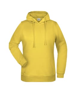 A yellow ladies' hoodie with a front pocket and drawstring hood, featuring a logo on the chest.