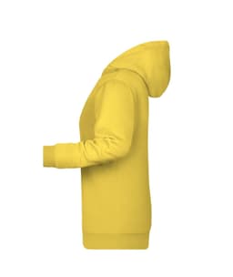 A yellow ladies hoodie featuring a hood and long sleeves, showcasing a side view. Includes a logo.
