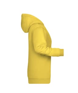 A yellow ladies' hoodie featuring a hood and long sleeves, with a side view showcasing its fit. It has a logo.