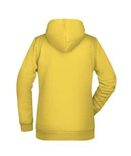 A yellow ladies' hoodie with a back view, featuring a hood and long sleeves. It has a logo on the back.
