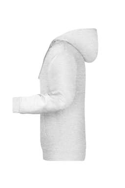 A light grey men's hoodie with a kangaroo pocket and an attached hood, featuring a logo.