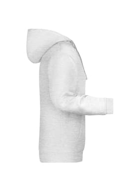 A grey men's promotional hoodie featuring a hood and long sleeves, with a logo on the front.