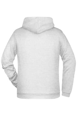 A grey men's hoodie with a back view, featuring a hood and long sleeves. It has a branding logo.